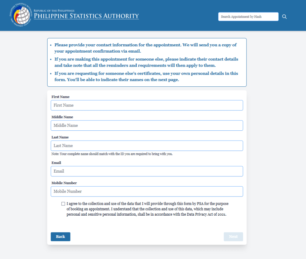 setting an appointment on PSA for your documents