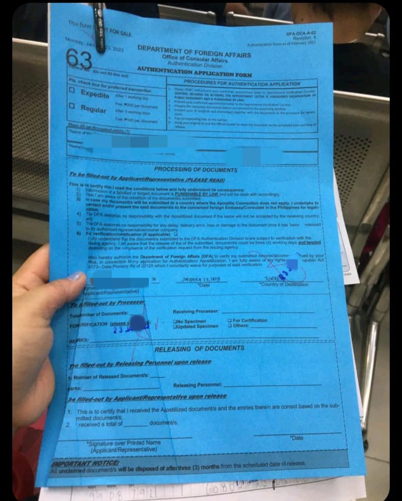 DFA authentication application form looks like