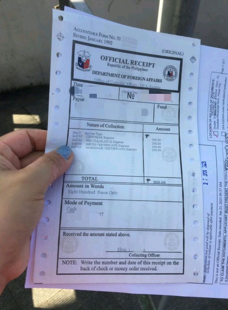 official receipt of DFA authentication of documents